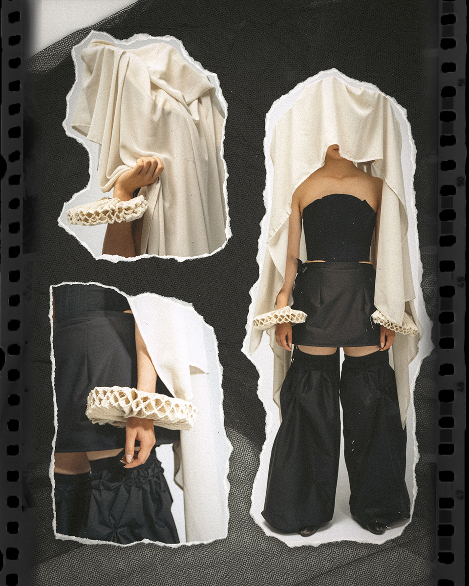 Collage of a fashion model wearing a black strapless top and wide black pants with ruching at the knees, a short black skirt, and a cream-colored shawl draped over the head and shoulders partially covering the face, with cream-colored woven cuffs on the wrists. The collage shows a full-body front view on the right and two cropped close-ups of the upper body and arm on the left, placed against a black textured background with torn white paper edges.