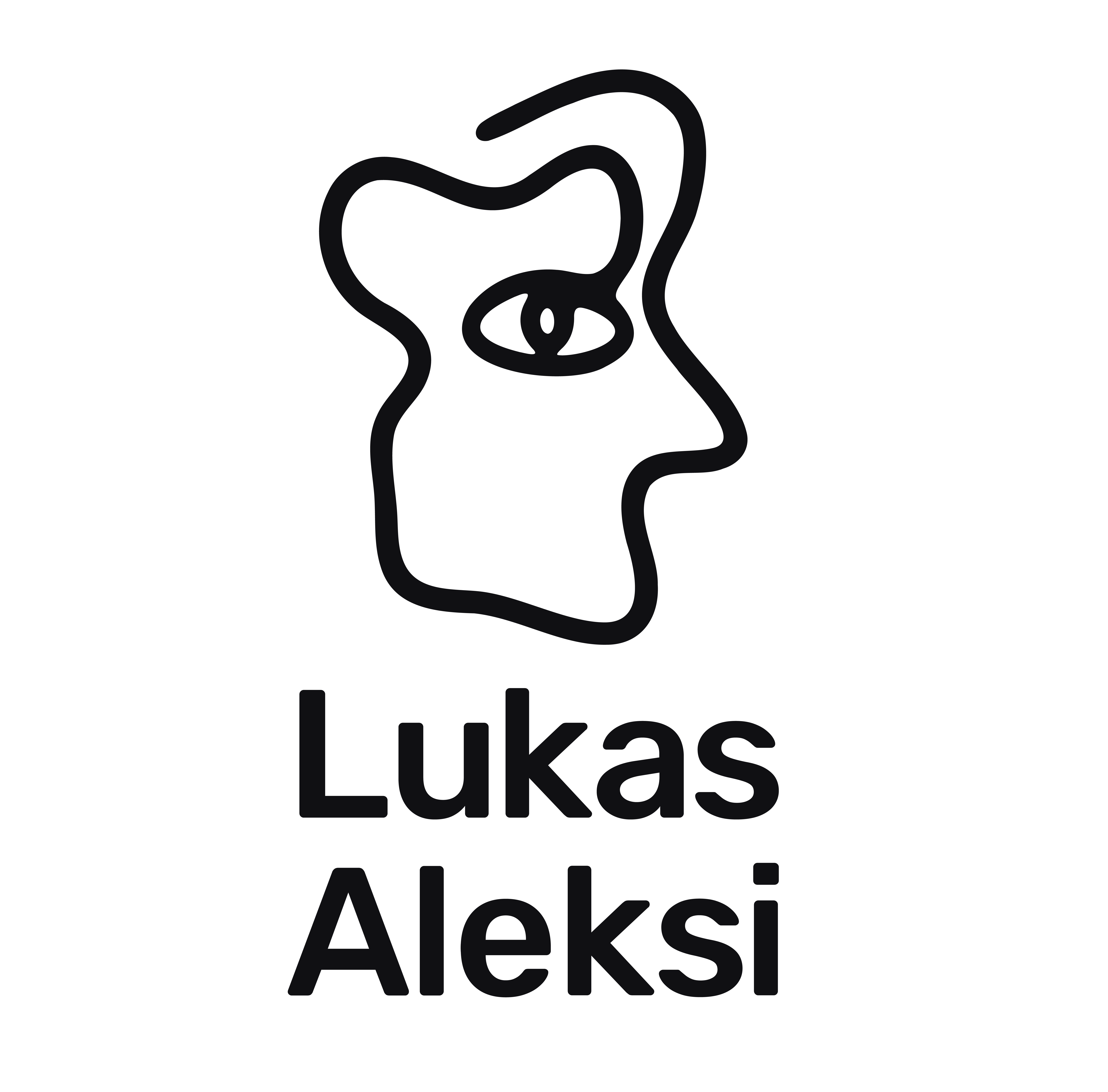 Black line drawing of an abstract human face above the name Lukas Aleksi in bold letters on a white background.