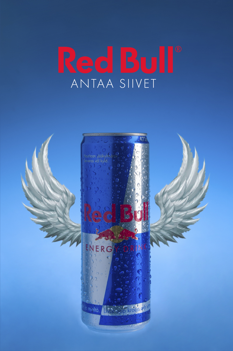 Red Bull energy drink can with silver wings on a blue gradient background and red text reading 'Red Bull antaa siivet'.