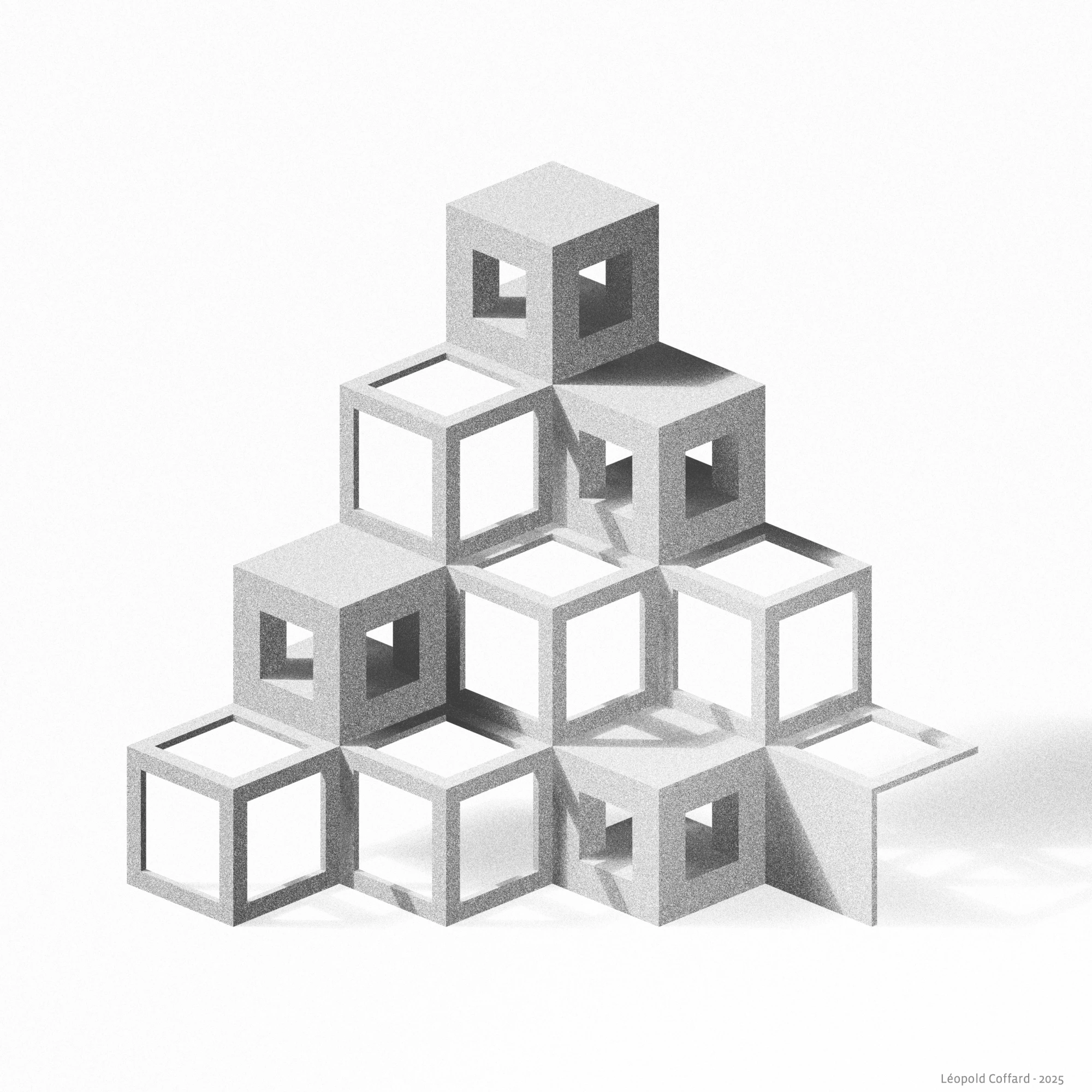 Stack of thirteen hollow, open square metal frames arranged in a pyramid shape casting shadows on a white surface.