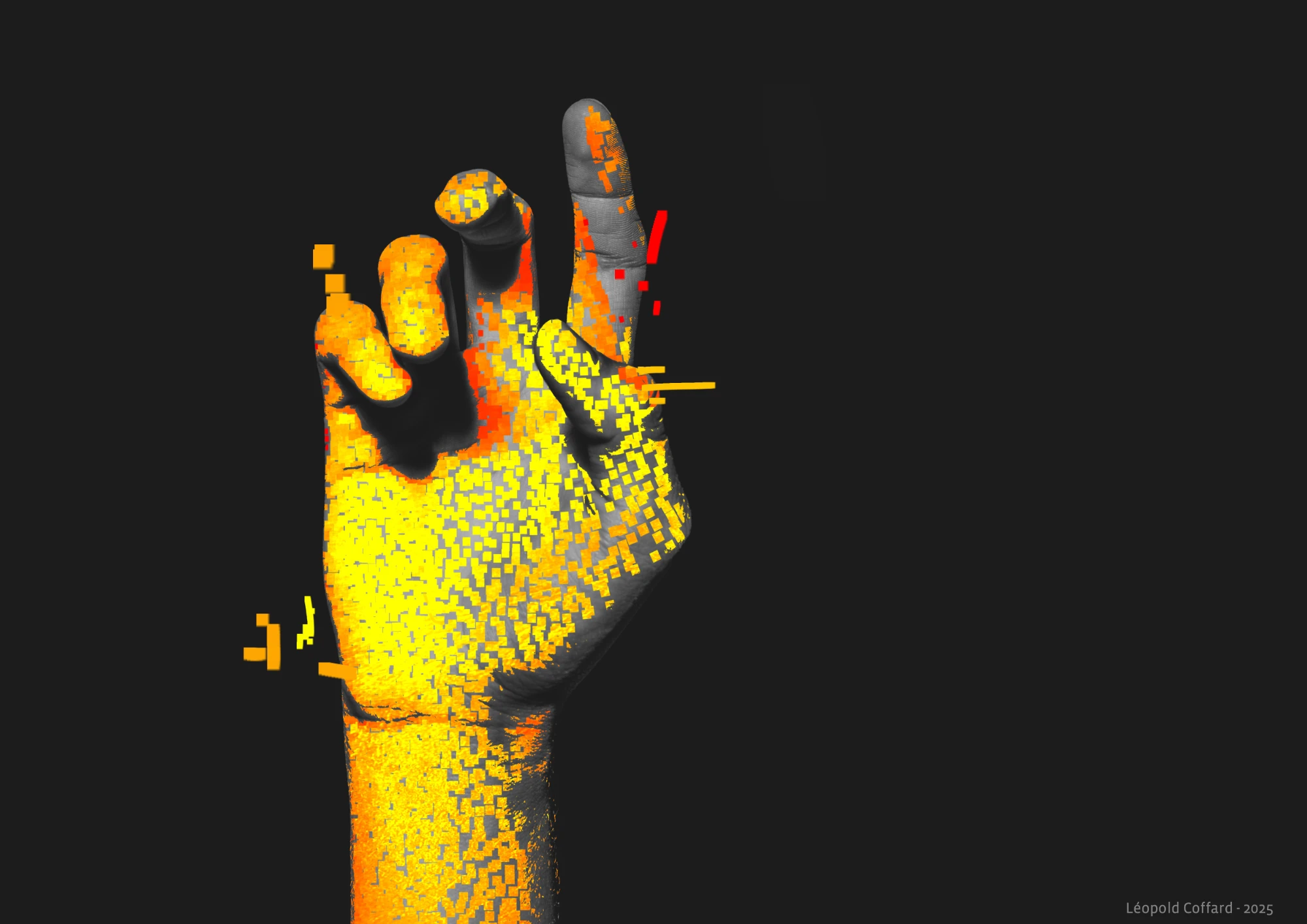 3D-rendered hand with pixelated yellow and orange digital effects on a black background.