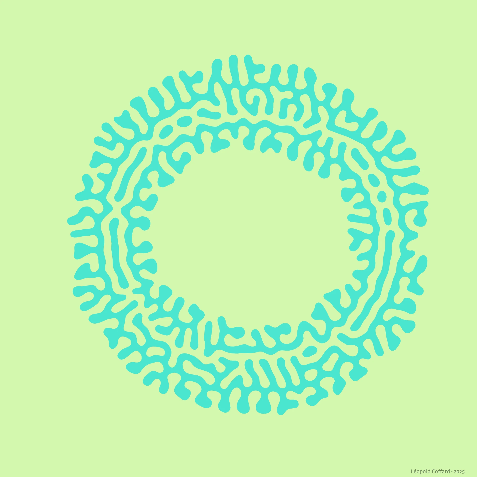 Abstract circular pattern with irregular, organic turquoise shapes on a light green background.