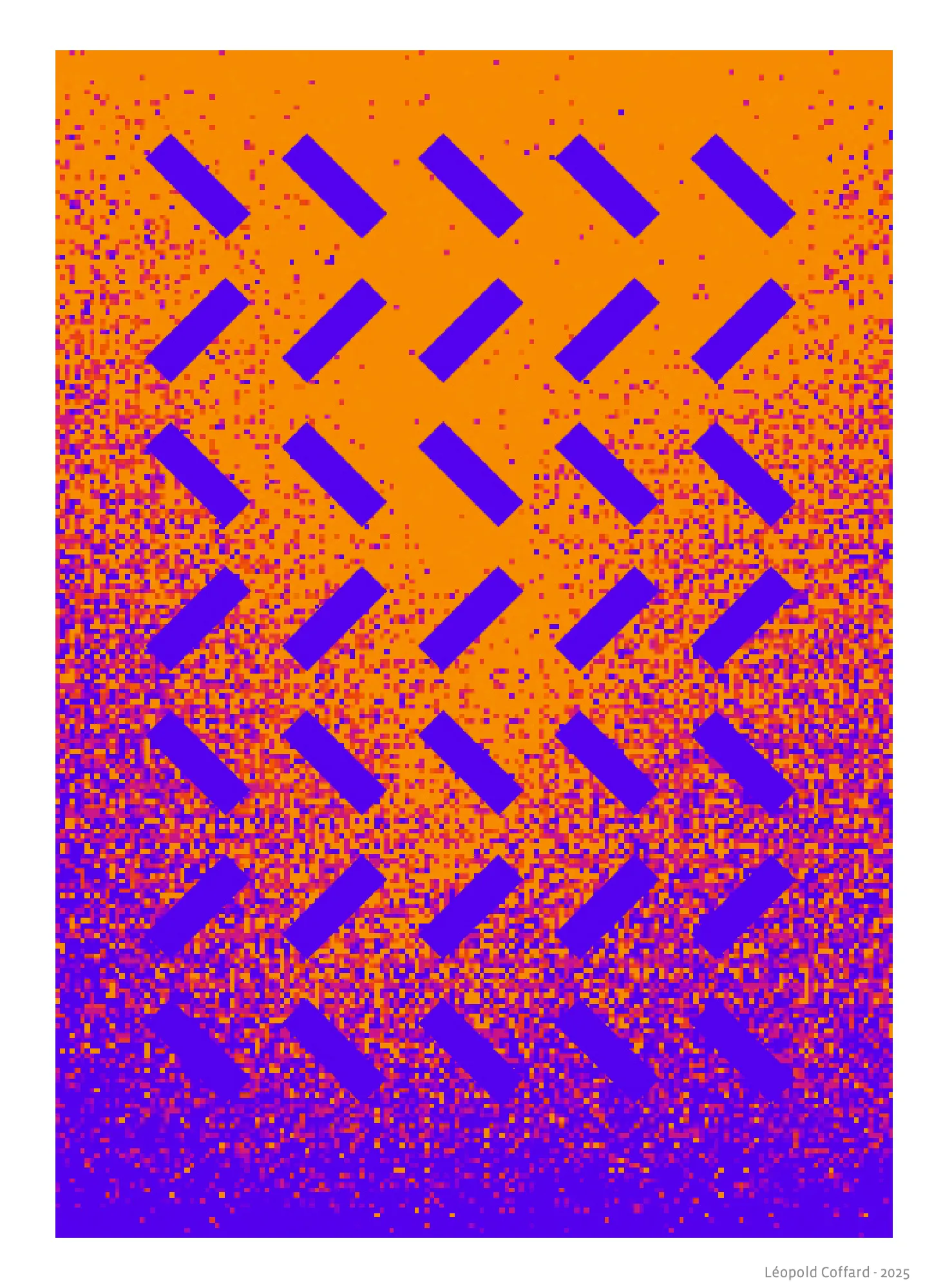 Abstract digital art with diagonal purple rectangles arranged in a grid over an orange and purple pixelated gradient background.