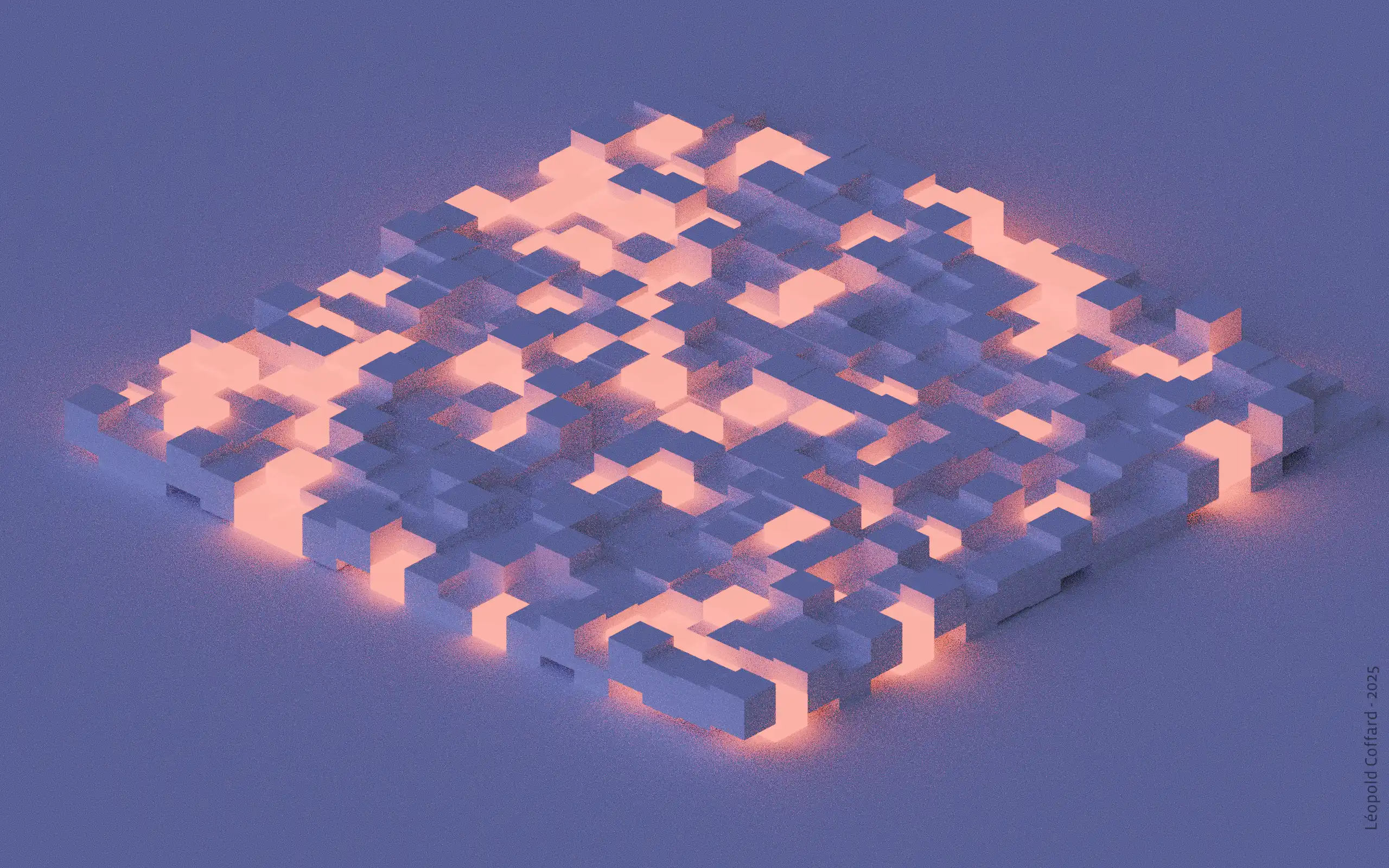 Isometric grid of white cubes on a glowing pink-purple base with soft ambient lighting.