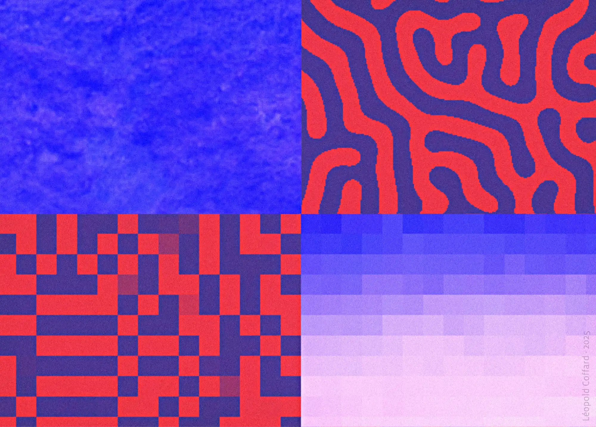 Collage of four abstract blue and red patterns: textured blue, wavy red lines on blue, a red and blue pixelated grid, and a blue gradient pixel pattern.