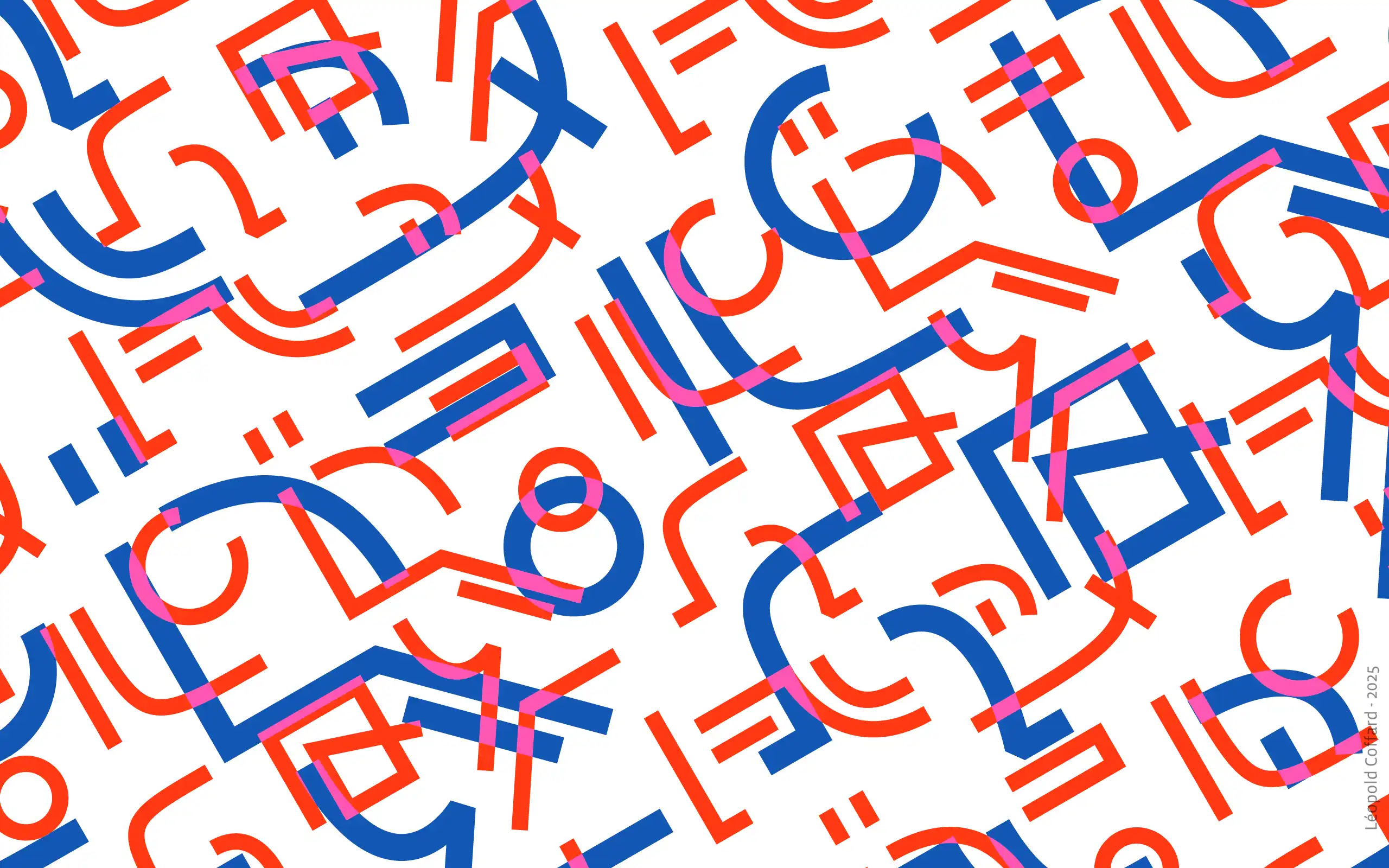 Abstract pattern of overlapping blue and red geometric shapes and lines on a white background.