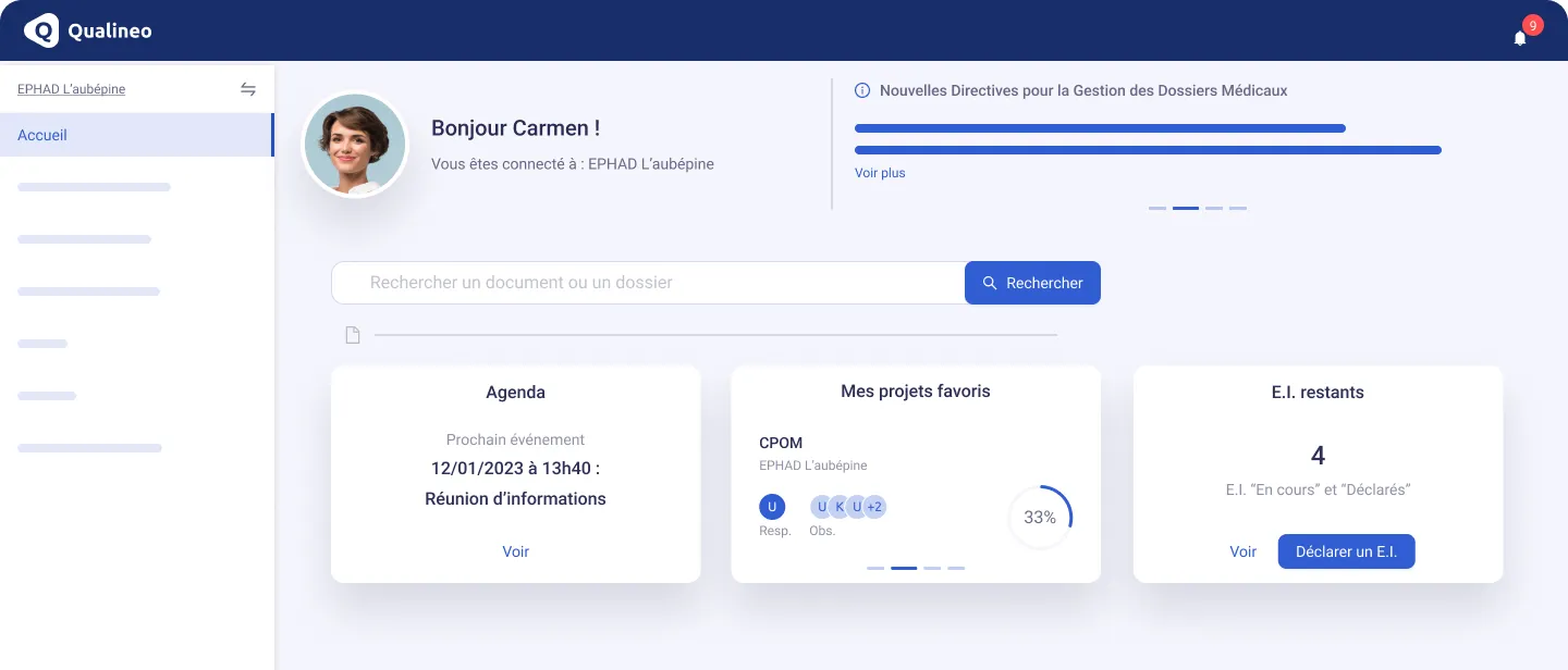 Interface d’accueil du logiciel qualité Qualineo.