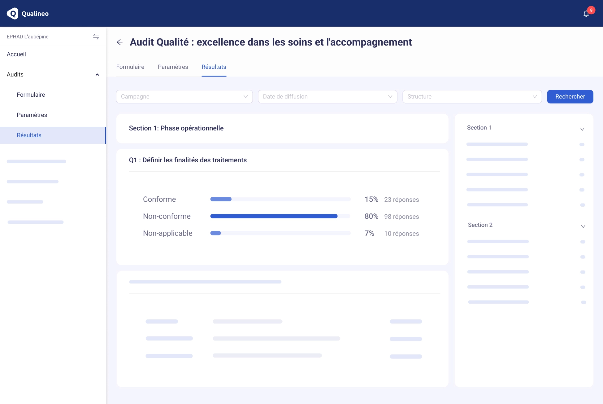 L'interface de la fonctionnalité Audits interne dans Qualineo.