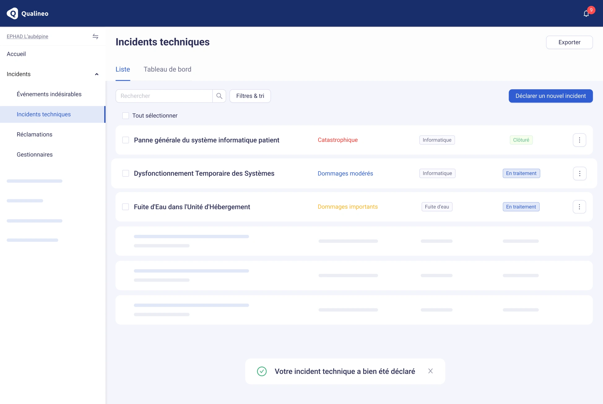 L'interface de la fonctionnalité Incident Technique dans Qualineo.