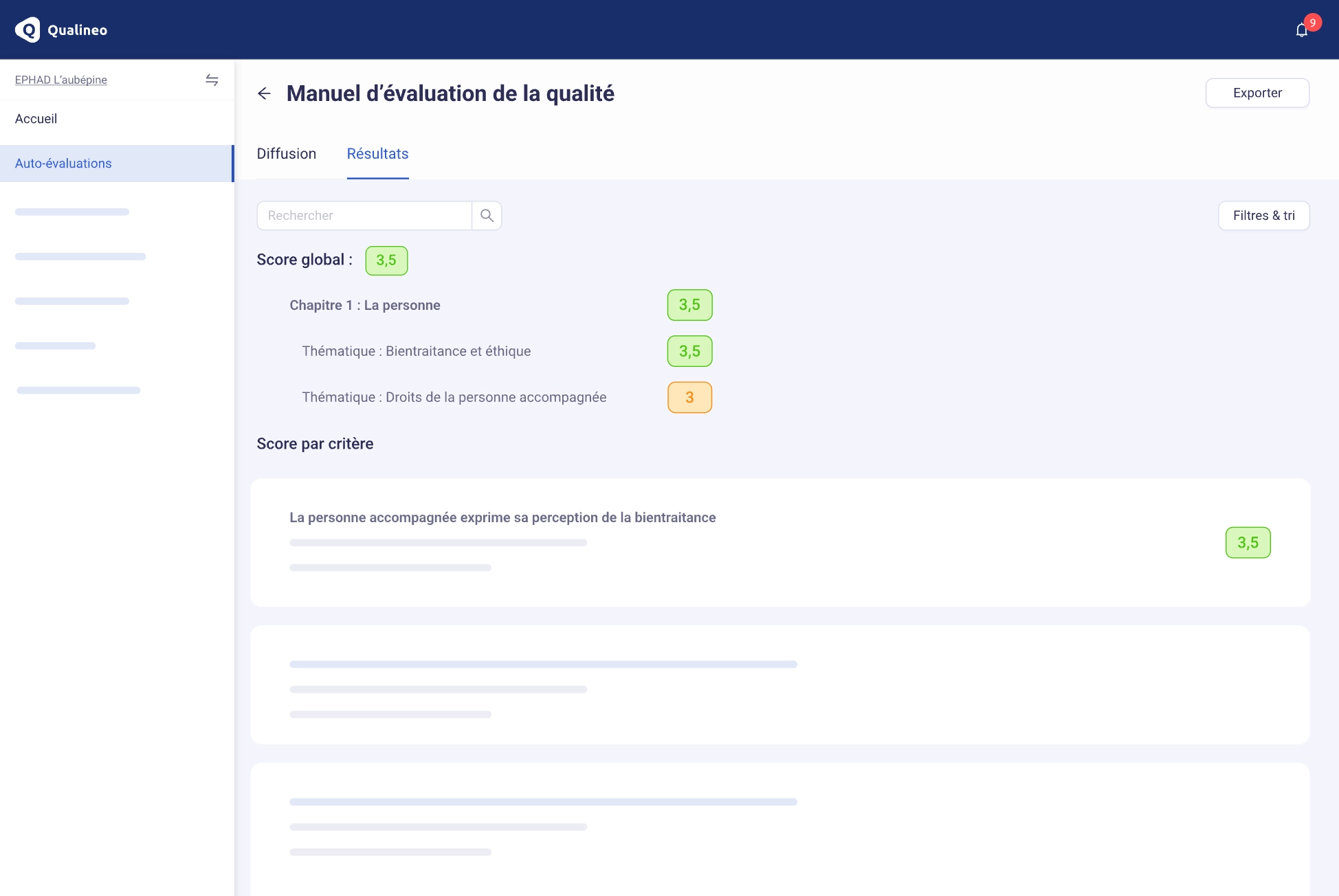 Interface d'auto-evaluation du Logiciel Qualineo