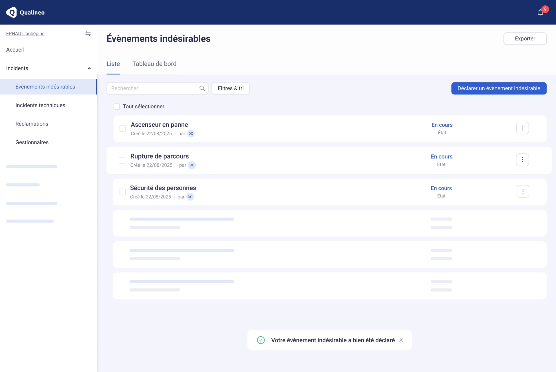 Image de l'interface Qualineo montrant les événements indésirables