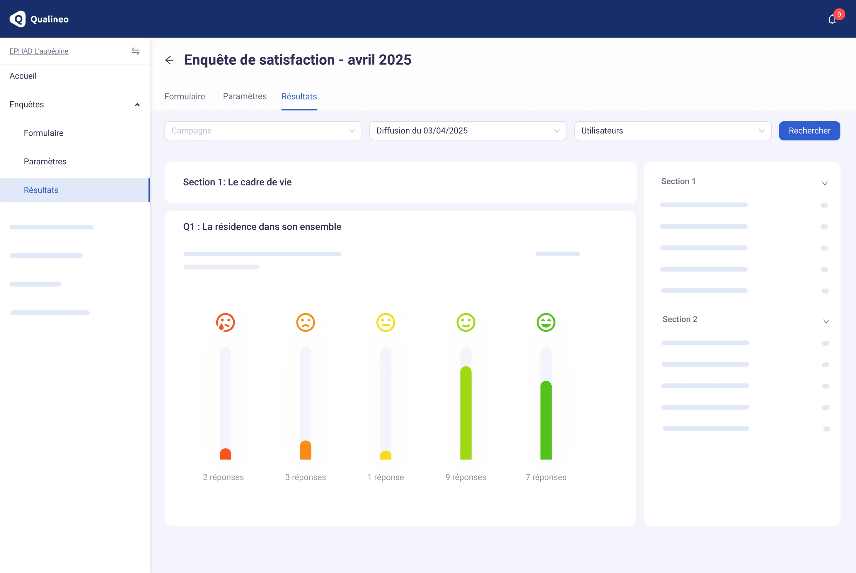 L'interface de la fonctionnalité enquête de satisfaction dans Qualineo.