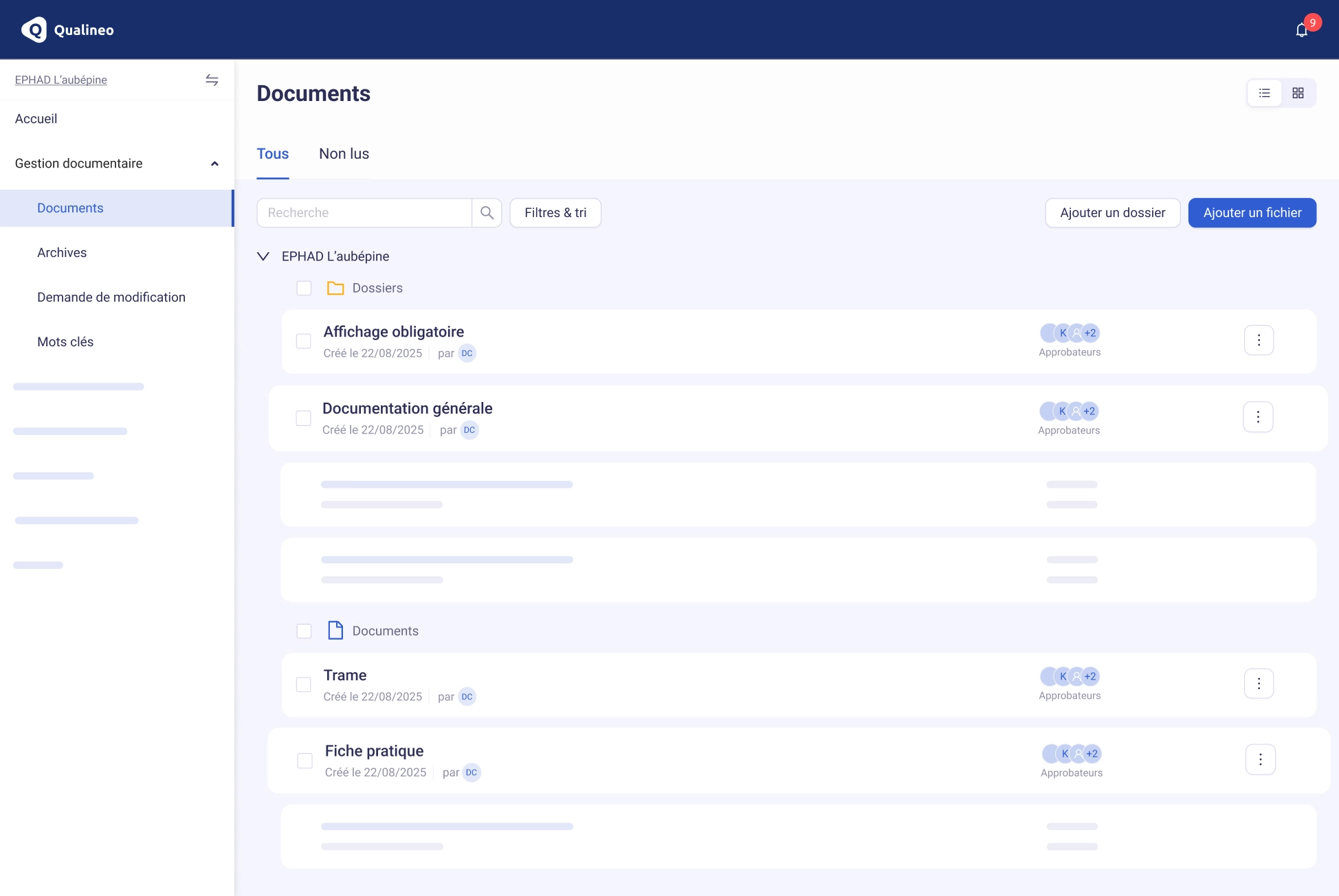 Vue de l'interface "Documents" de la fonctionnalité Gestion documentaire de Qualineo.