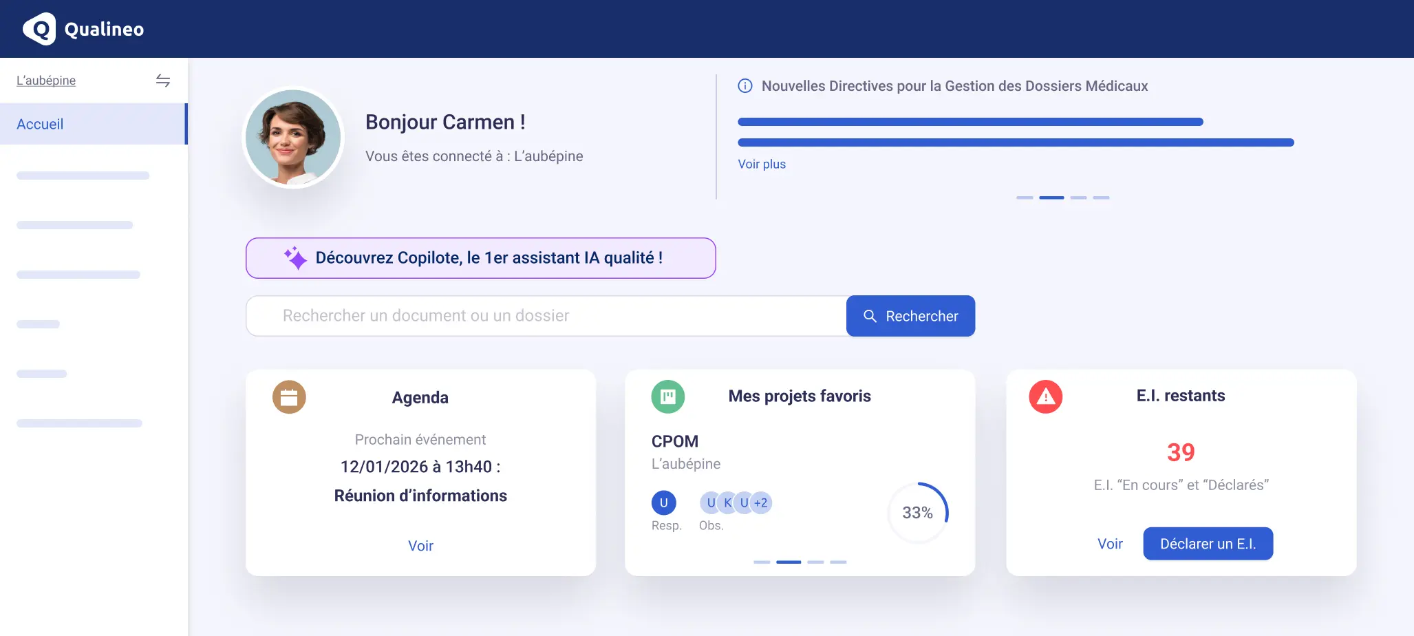 Interface d’accueil du logiciel qualité Qualineo.