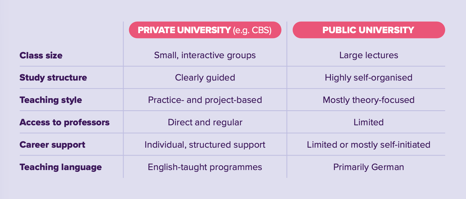 Comparison table showing differences between private and public universities at English teaching universities in Germany, including class size, teaching style and career support.