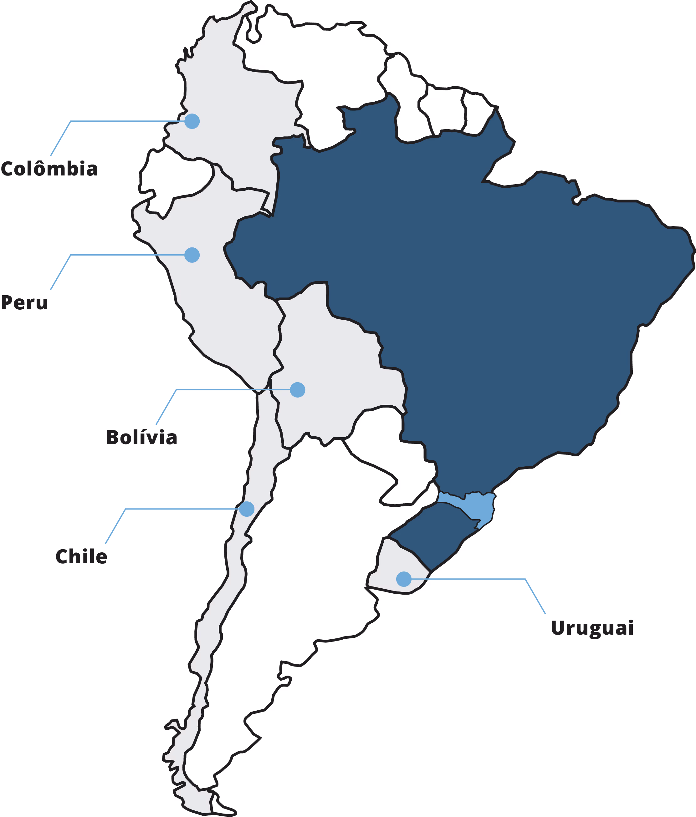 Mapa da América do Sul destacando o Brasil e os países onde a TeleWorld atua: Uruguai, Chile, Bolívia, Colômbia e Peru