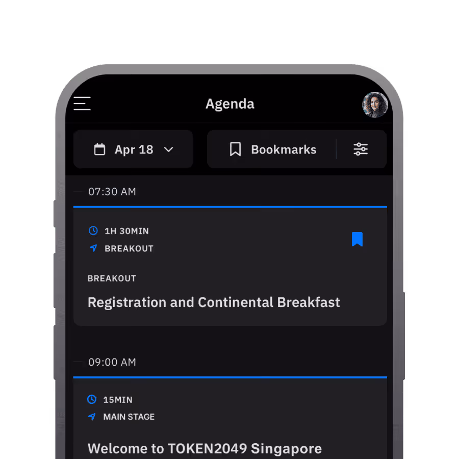 TOKEN2049 Singapore event agenda showing registration and breakfast schedule