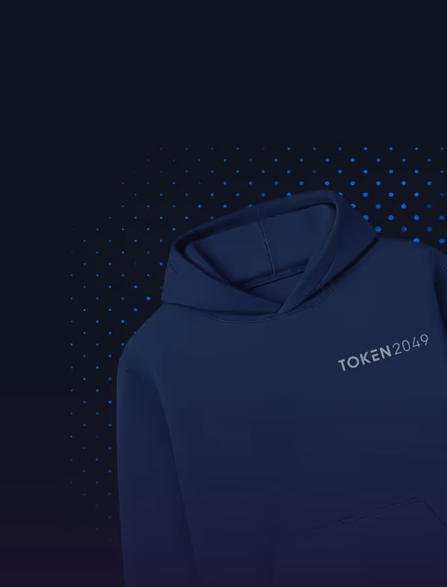 Dark blue TOKEN2049 hoodie with blue dotted background in Singapore