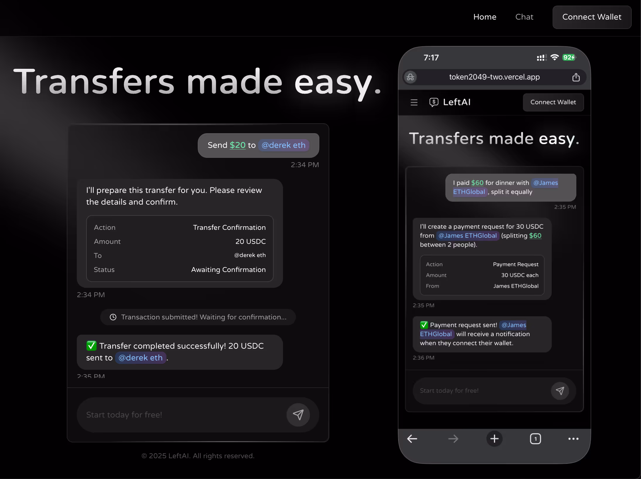 TOKEN2049 Singapore: LeftAI app showing easy cryptocurrency transfer interface