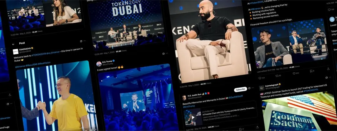 Social media posts about TOKEN2049 Dubai from X.com, YouTube, and Google searches