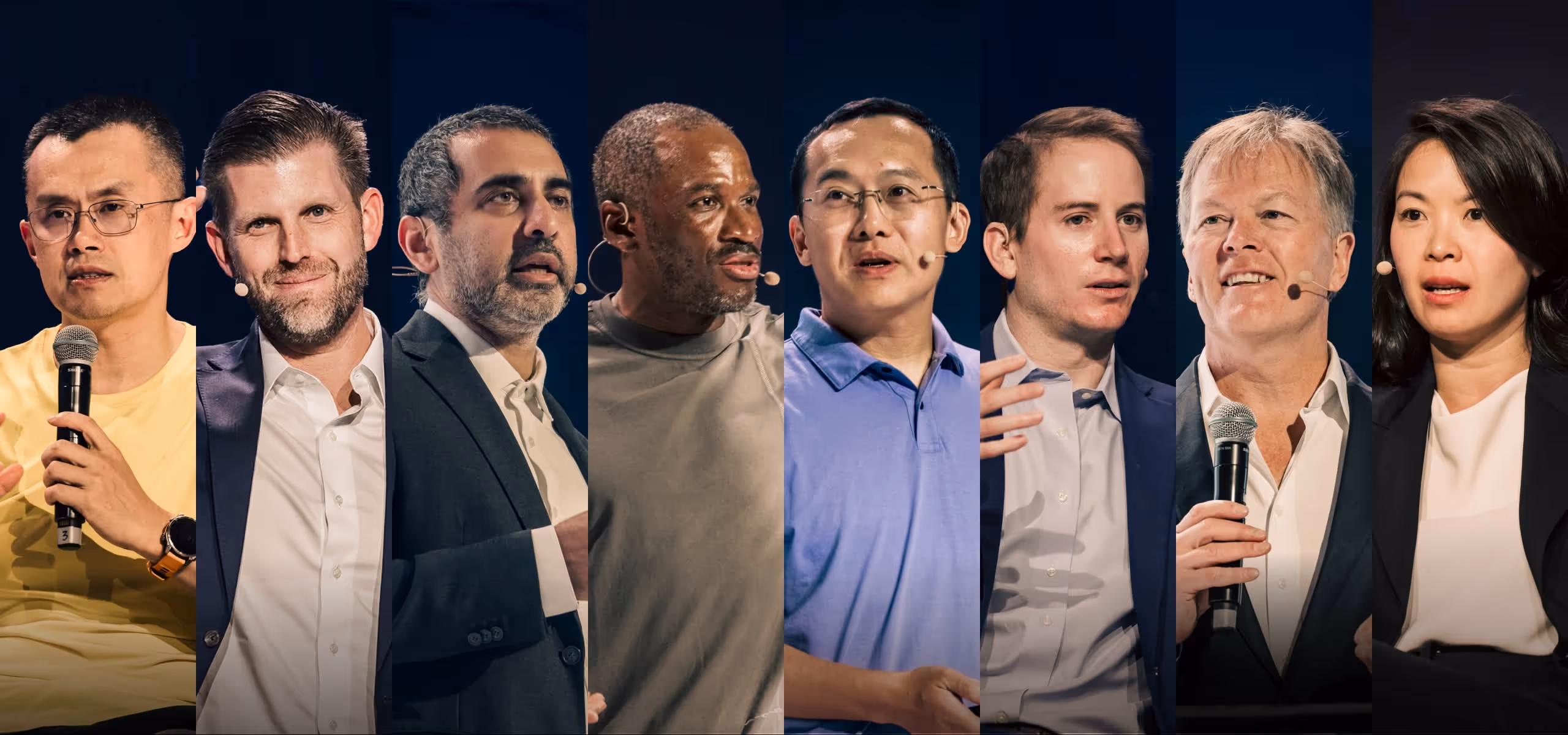 Prominent speakers at TOKEN2049 Dubai including Changpeng Zhao, Eric Trump, Balaji Srinivasan, Arthur Hayes, Star Xu, Robert Mitchnick, Dan Morehead, and Christine Moy
