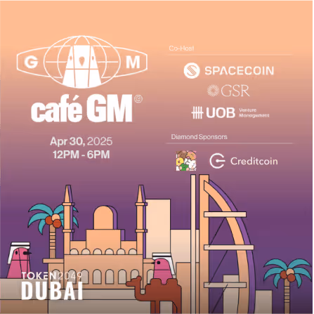 Cafe GM event poster for Dubai with stylized city skyline and sponsors