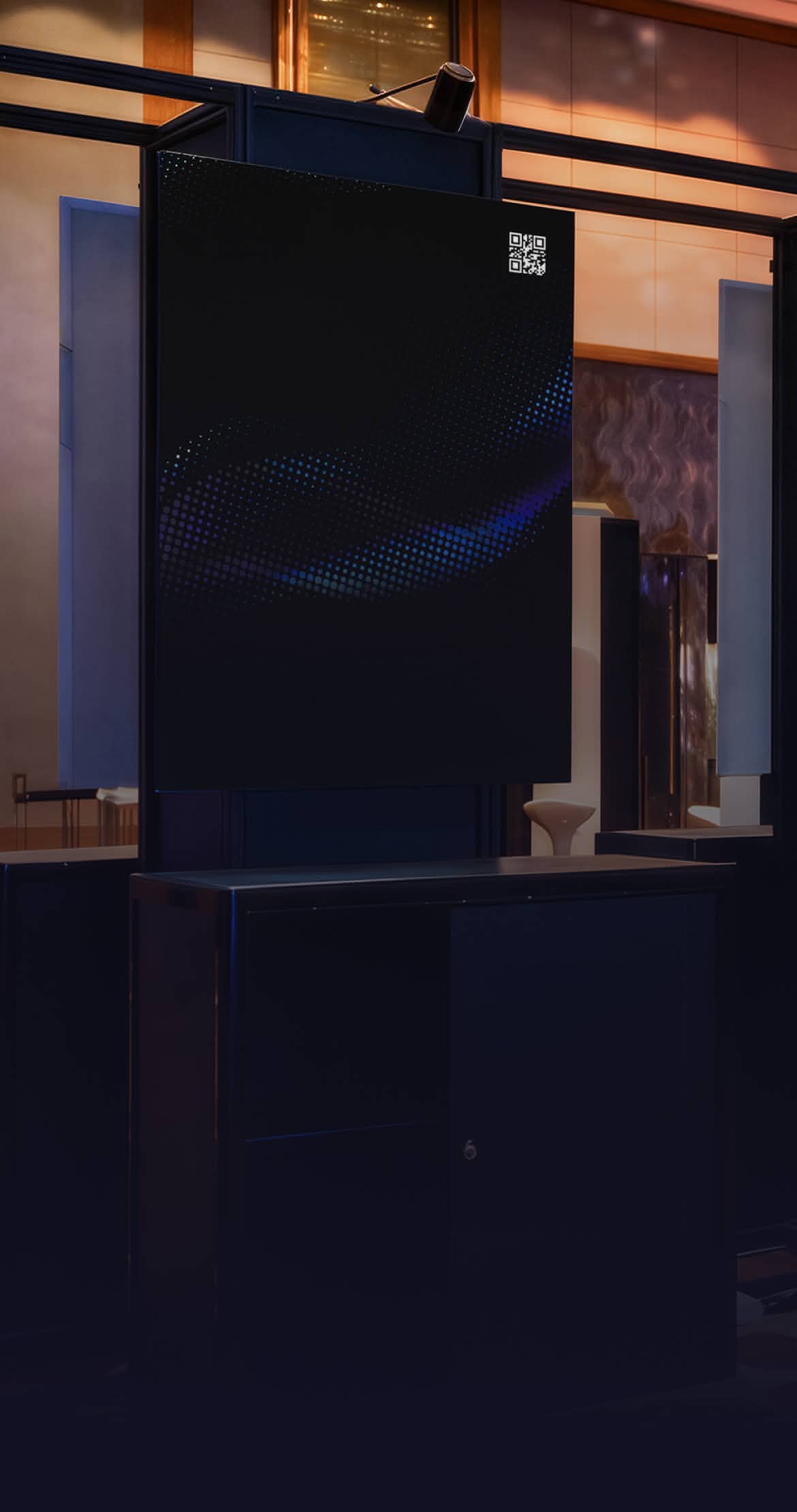 Dark electronic display with faint blue dotted wave pattern and a QR code in a modern indoor setting.