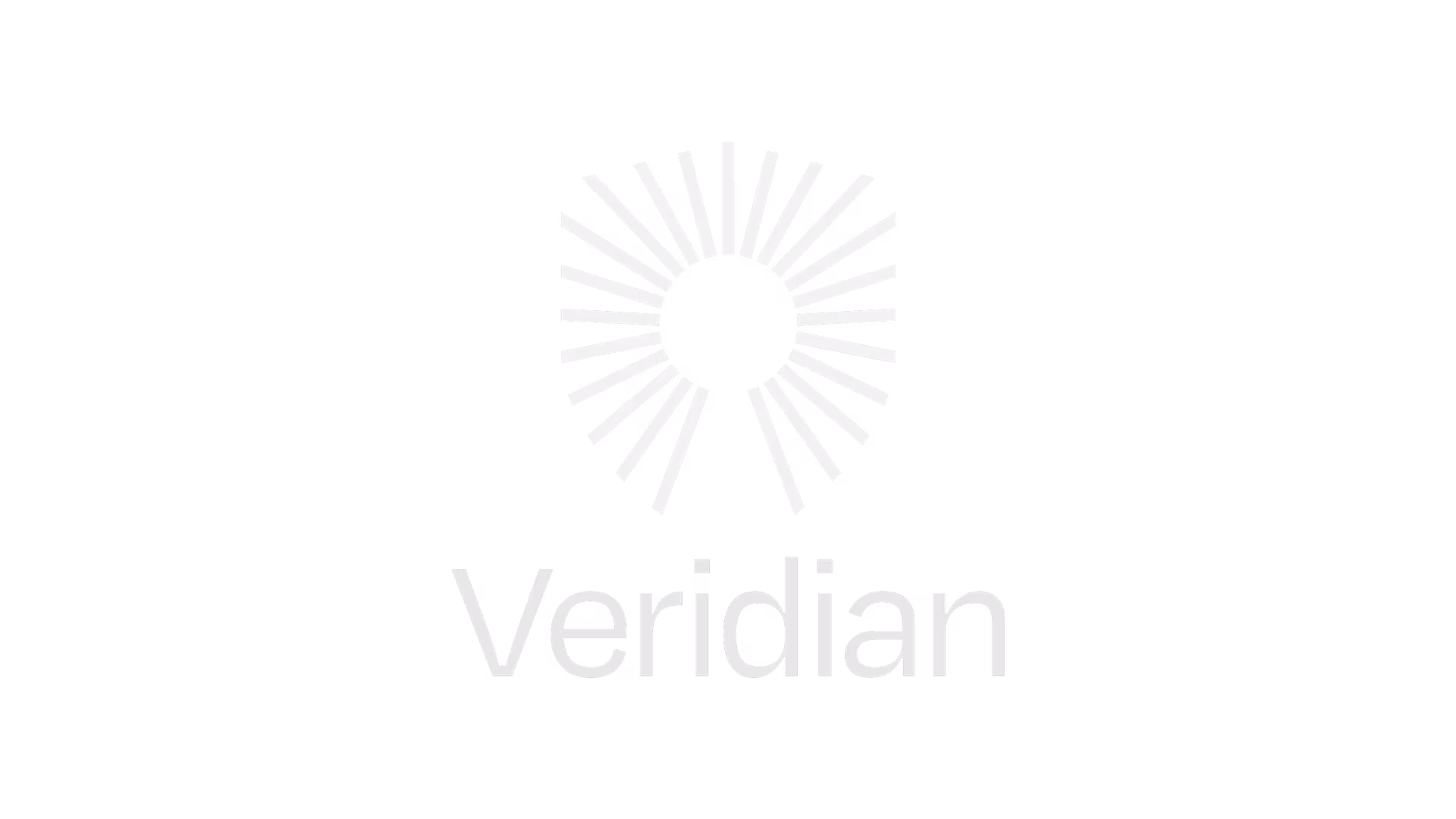 Symbol of a sunburst pattern above the word Veridian in a modern font on a black background.
