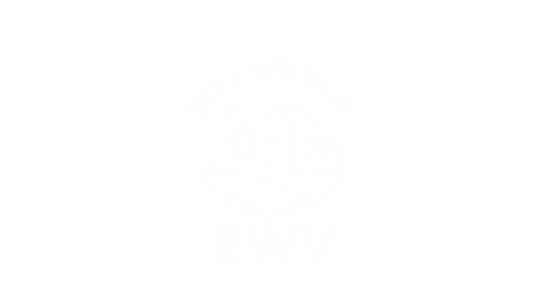 White logo on black background featuring a stylized house with a leaf behind it, encircled by the text 'Eco World Village' above and 'EWV' below.