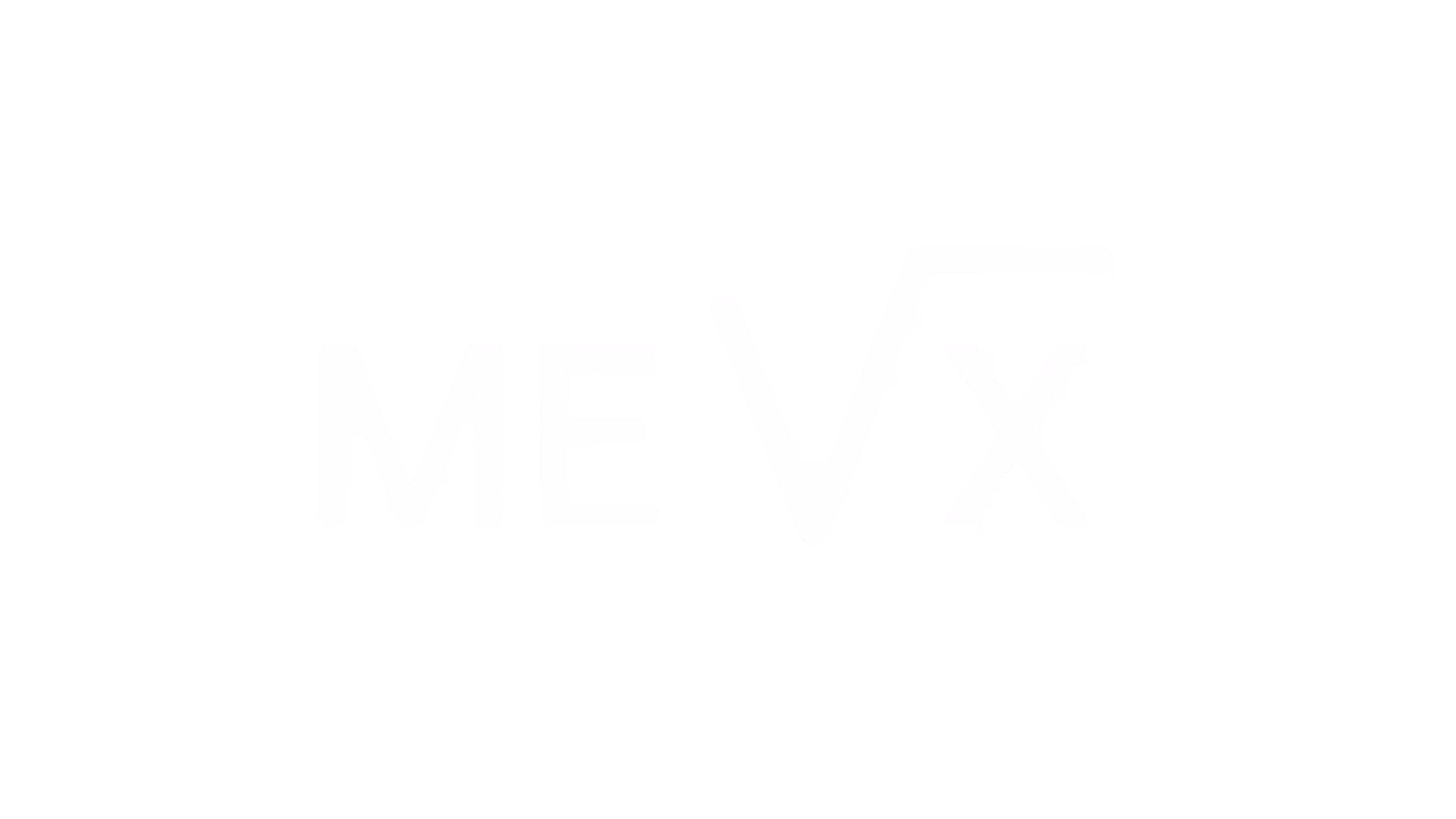 Text logo reading 'MEV X' with the letter 'V' stylized as a square root symbol extending over the letter 'X' on a black background.