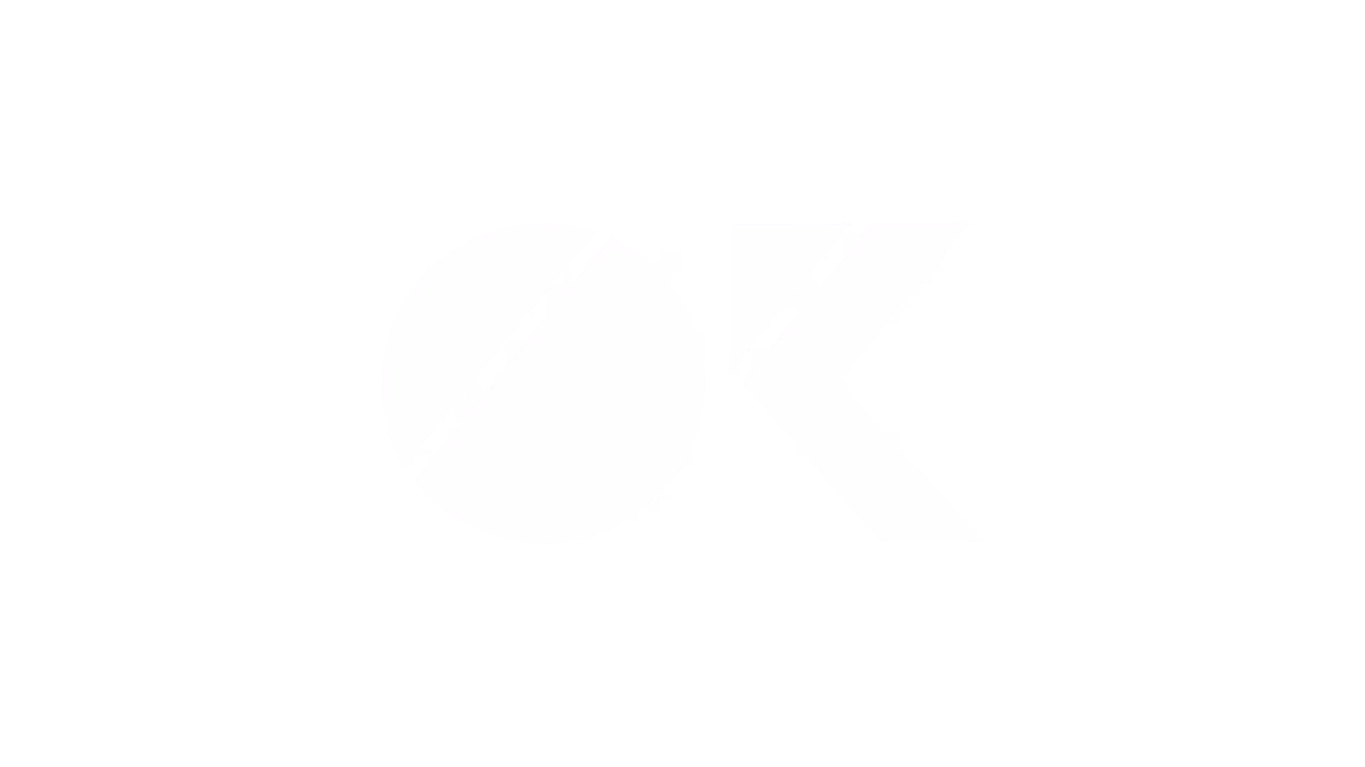 White stylized letters 'OK' on a black background, with the 'O' featuring a diagonal stripe.