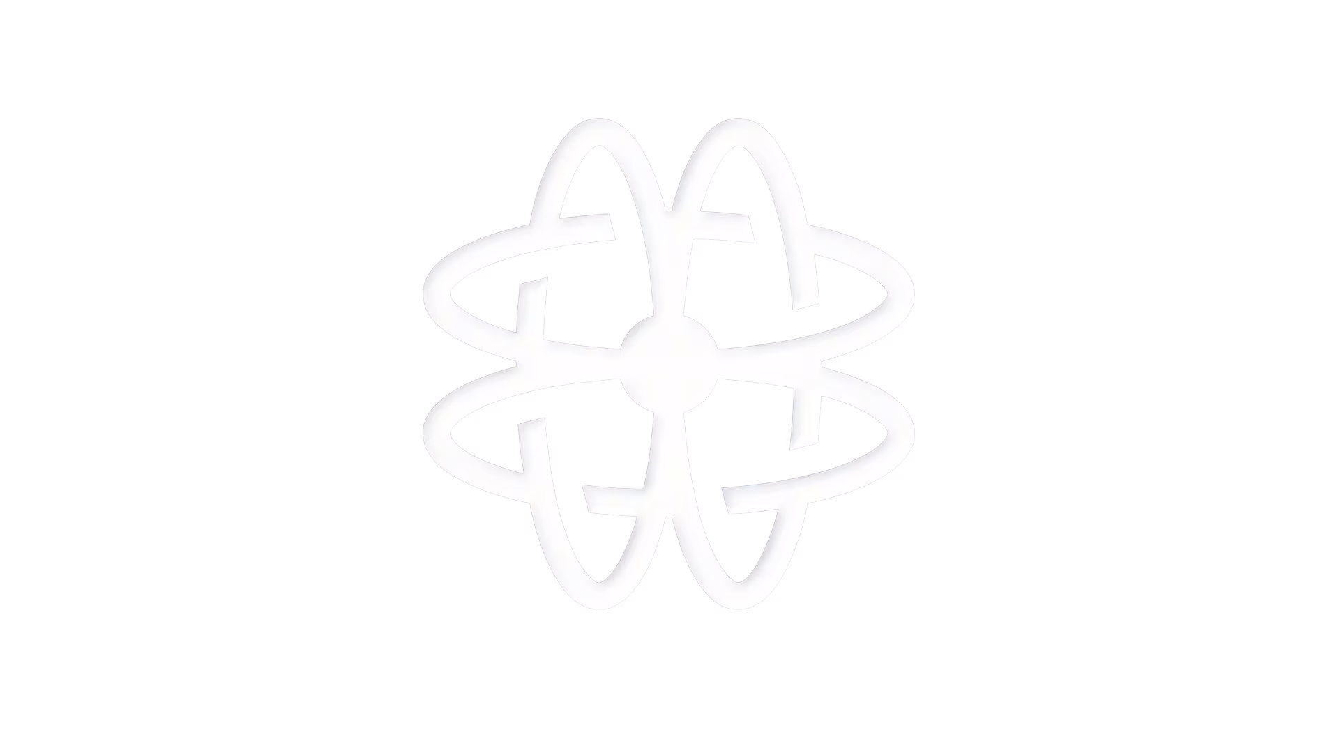 White abstract atomic or molecular symbol with a central circle and four elliptical orbitals on a transparent background.