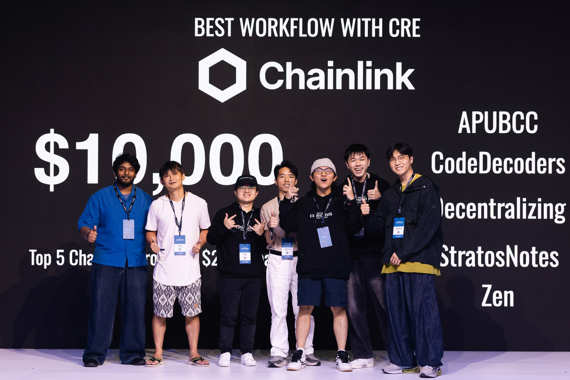 Six people standing side by side on a stage in front of a black backdrop with 'BEST WORKFLOW WITH CRE Chainlink $10,000 Top 5 Chainlink $2' and names like APUBCC, CodeDecoders, Decentralizing, StratosNotes, Zen displayed. They all wear event badges and casual attire, smiling and posing.