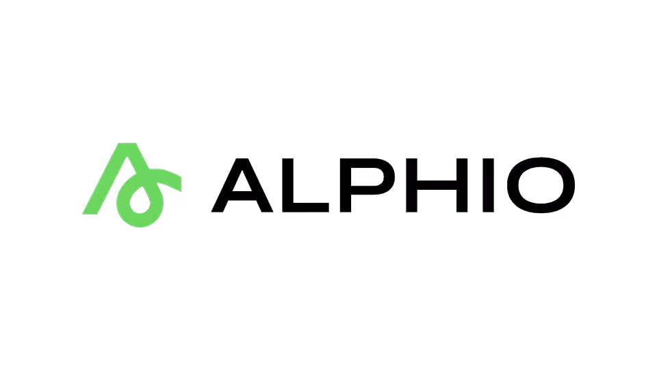 Alphio logo with a stylized green letter A and a droplet shape next to the black text ALPHIO.