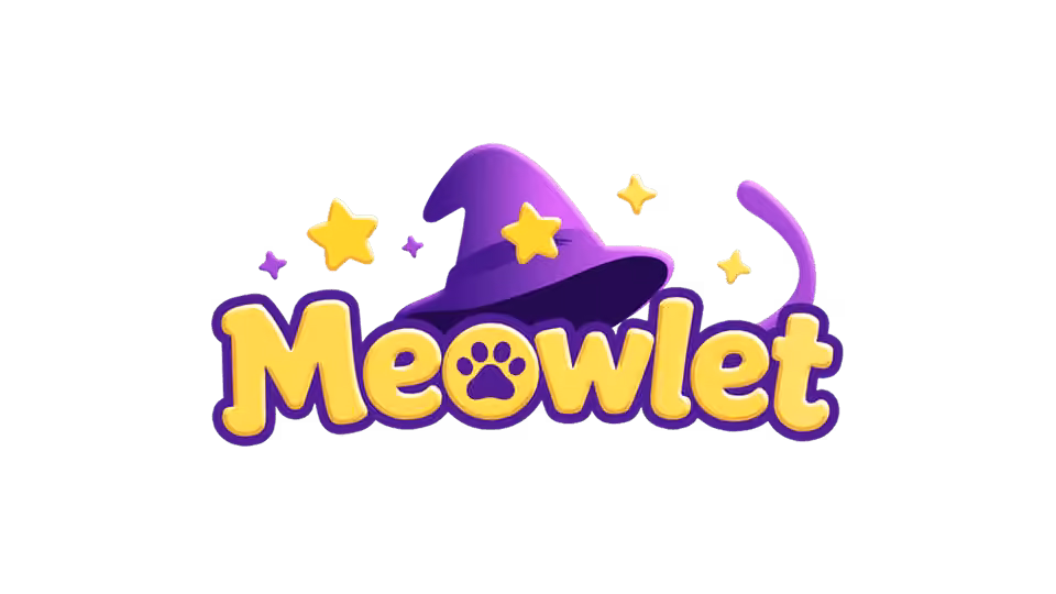 The word 'Meowlet' in bold yellow letters with a purple witch hat on top of the 'w', a paw print inside the letter 'o', and yellow stars around it, evoking a magical cat theme.