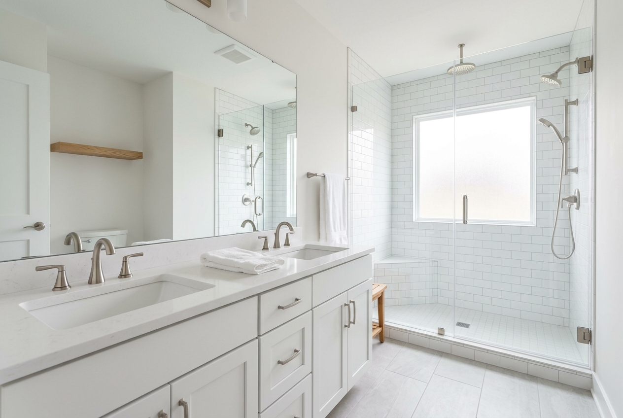 A spotless white bathroom with a double vanity and streak-free glass shower after a Purely Fort Wayne Cleaners deep clean