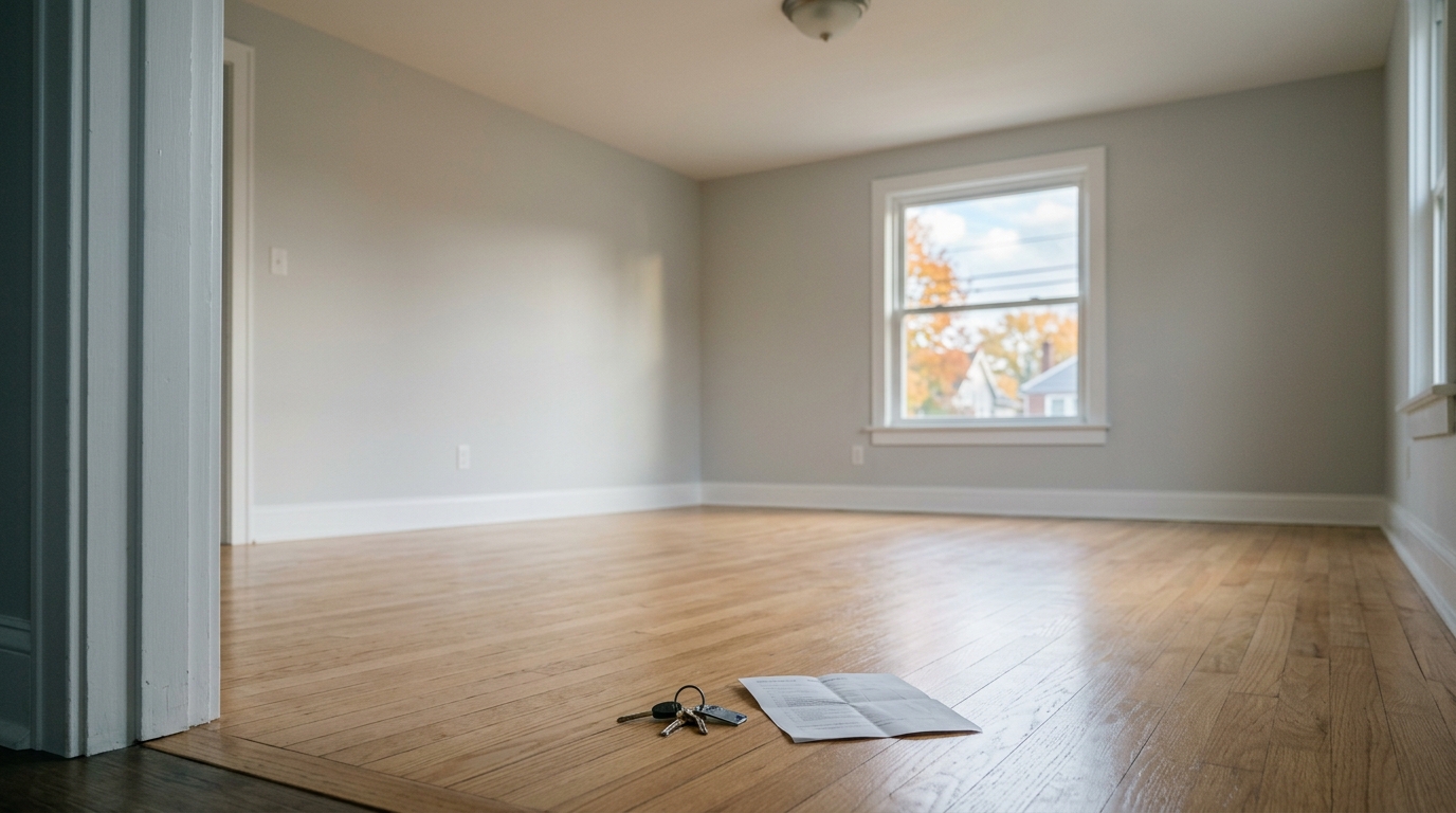 Empty, freshly cleaned Fort Wayne apartment living room with keys and a deposit letter on the floor