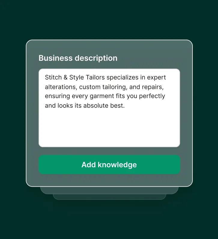 A tailor shop call answering service form displays a business description of tailoring and alteration services ready to add to the agent’s knowledge.