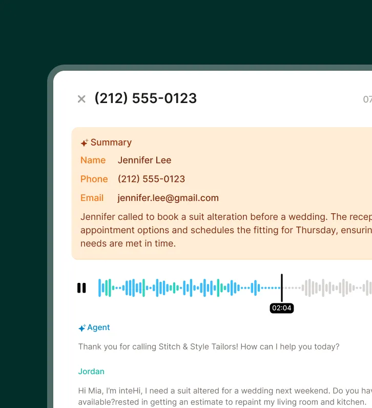 A tailor shop call answering service screen shows a transcription summary with the caller’s name, phone, email, a brief booking note, and an audio waveform at 2:04.