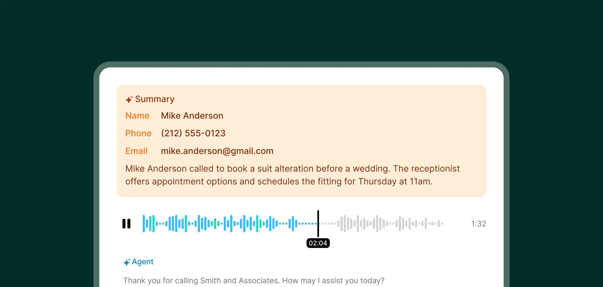 A tailor shop call answering service interface displays a highlighted summary card listing Mike Anderson’s contact info and a one‑sentence recap above the call waveform.