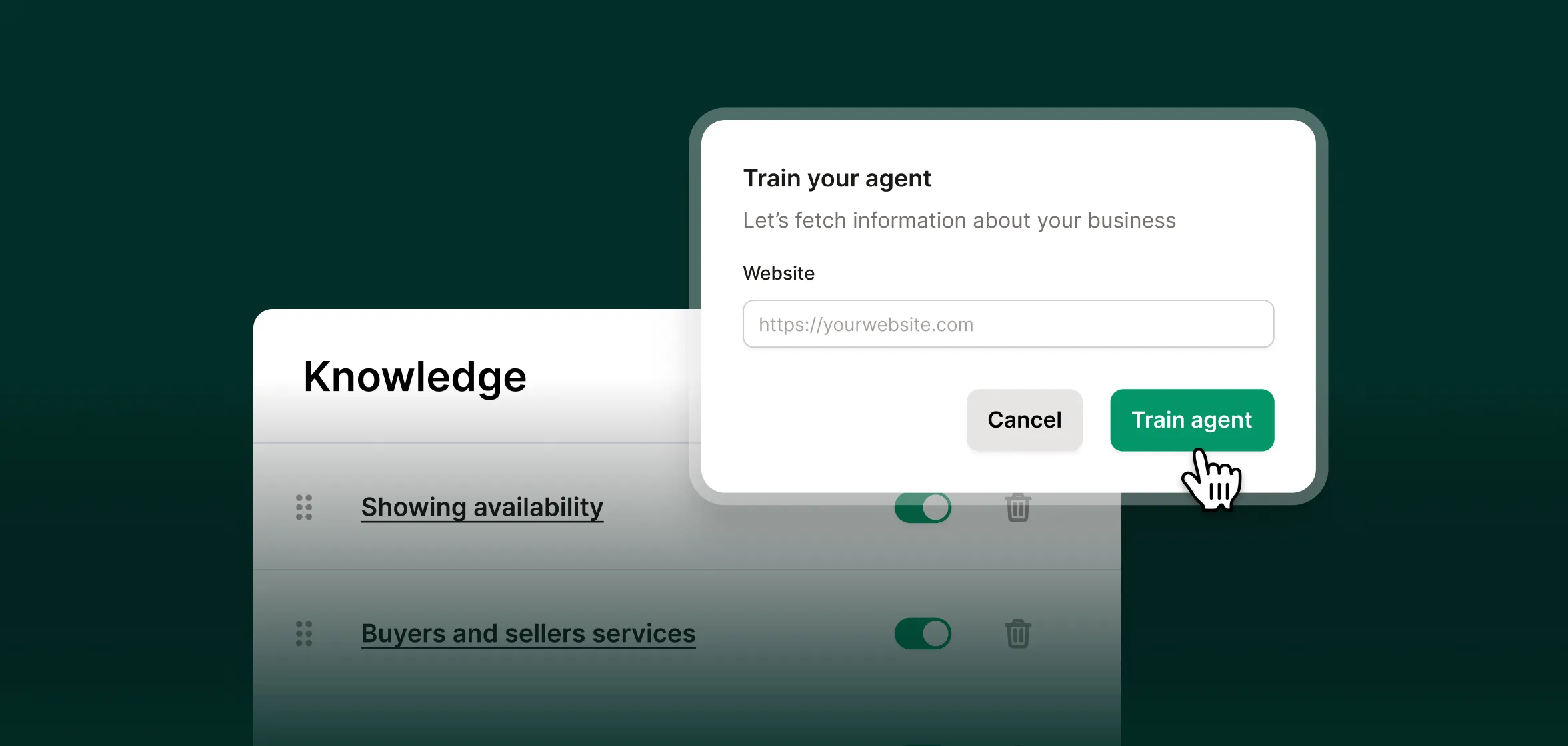 A tailor shop call answering service setup dialog prompts adding a business website to train the agent and lists knowledge topics.