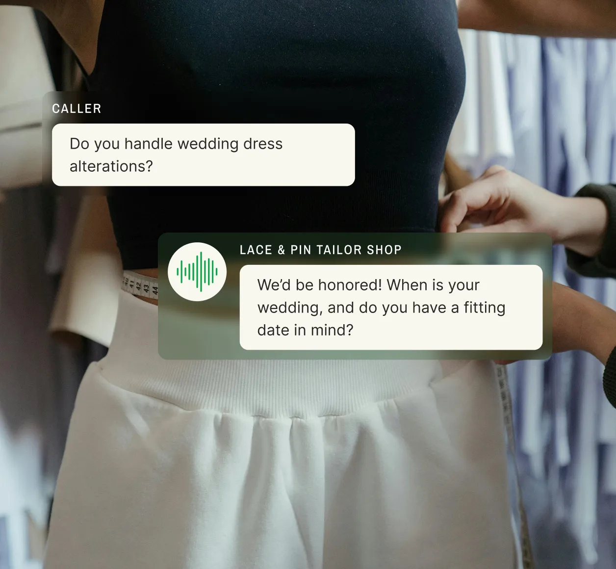 A tailor shop call answering service shows a caller asking about wedding dress alterations and the agent asking for the wedding and fitting dates.