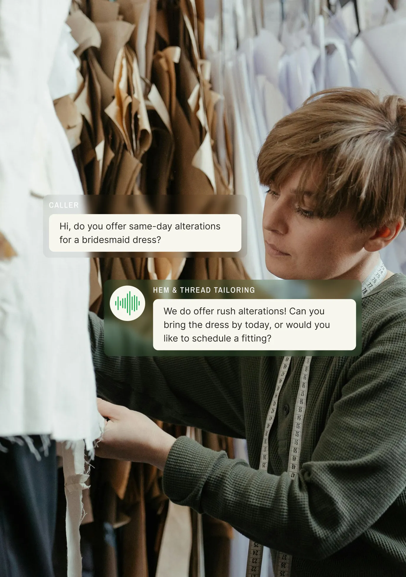 A tailor shop call answering service feature image shows a caller asking about same‑day bridesmaid dress alterations and the agent offering rush service and fitting options.