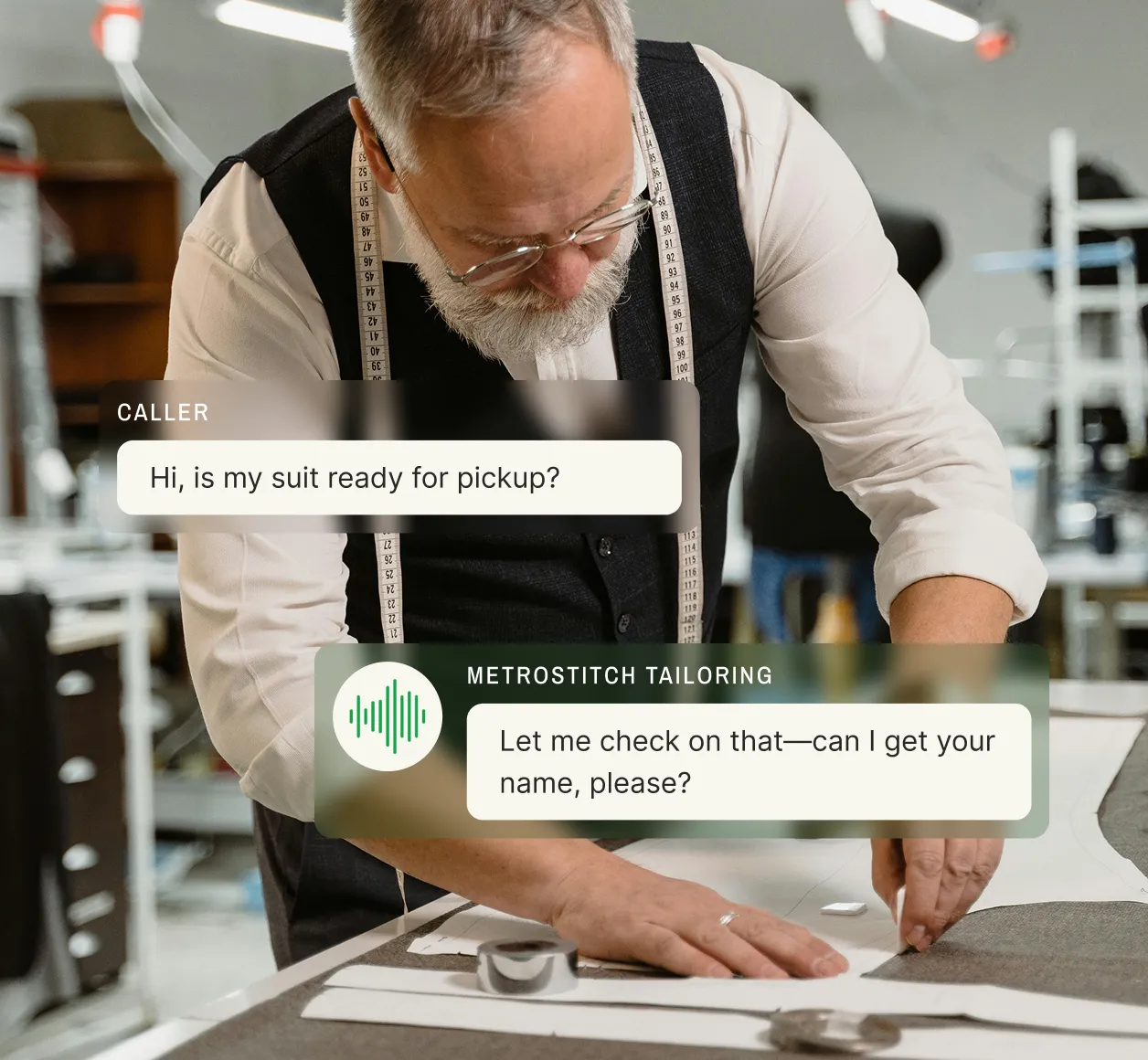A tailor shop call answering service shows a customer asking if their suit is ready for pickup and the agent requesting their name.