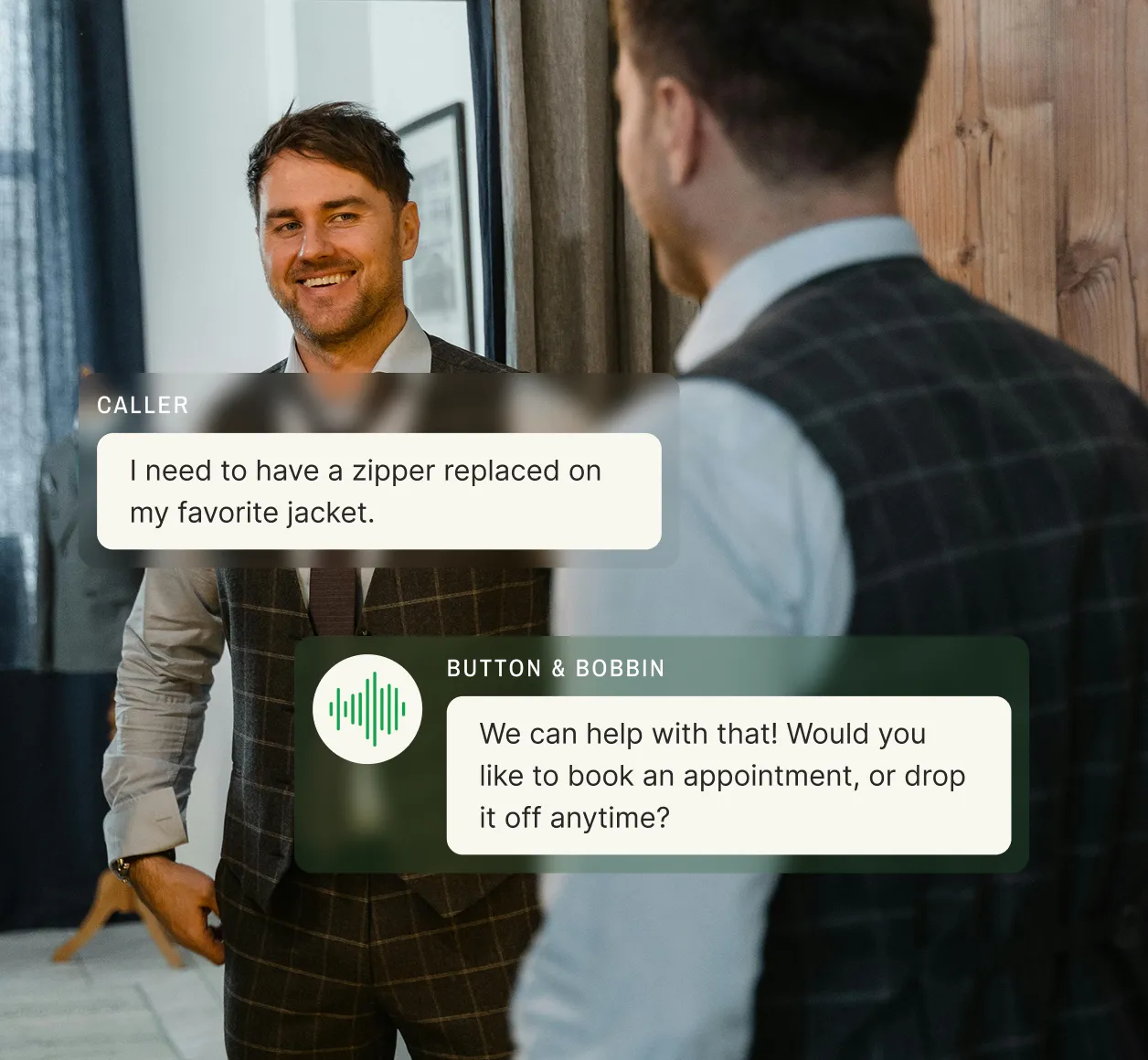 A tailor shop call answering service shows a caller requesting a zipper replacement and the agent offering to book an appointment or accept a drop‑off.