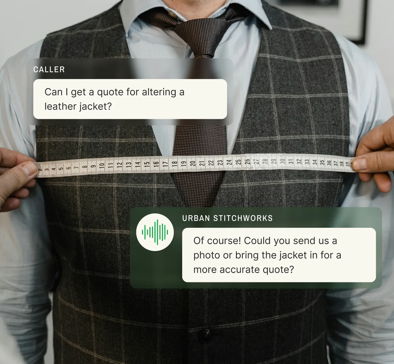 A tailor shop call answering service shows a caller requesting a quote for leather jacket alterations and the agent asking to send a photo or bring in the jacket.