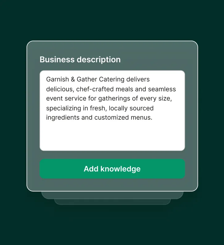 User enters a business description highlighting chef-crafted meals, locally sourced ingredients, and customized menus for a catering answering service.