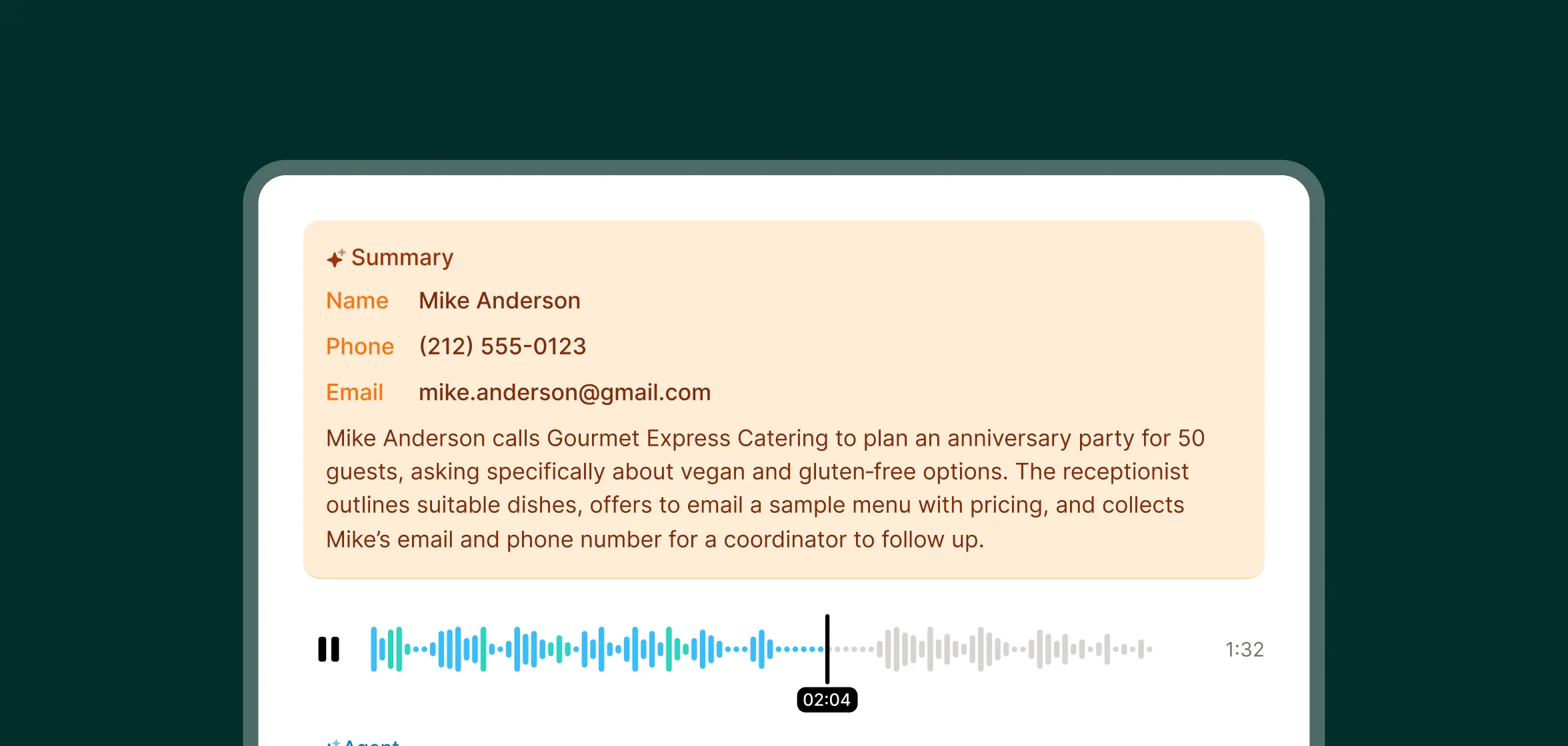 The catering answering service interface displays a summary card with caller name, contact details, and a transcript waveform.