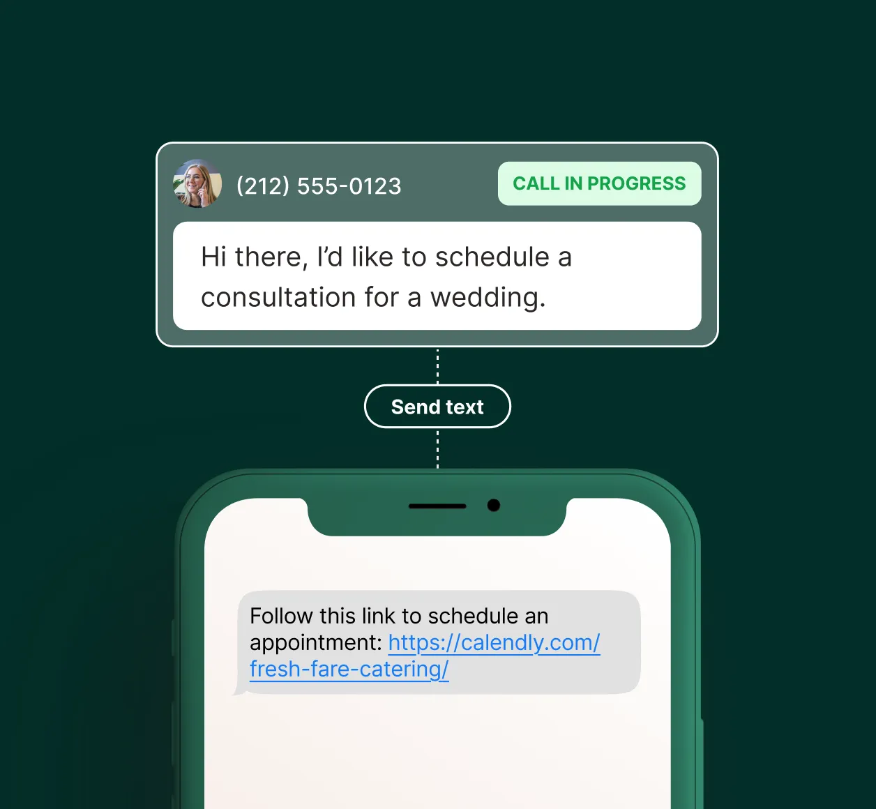 During a live call, a catering answering service for catering companies texts a Calendly link to schedule a wedding consultation.