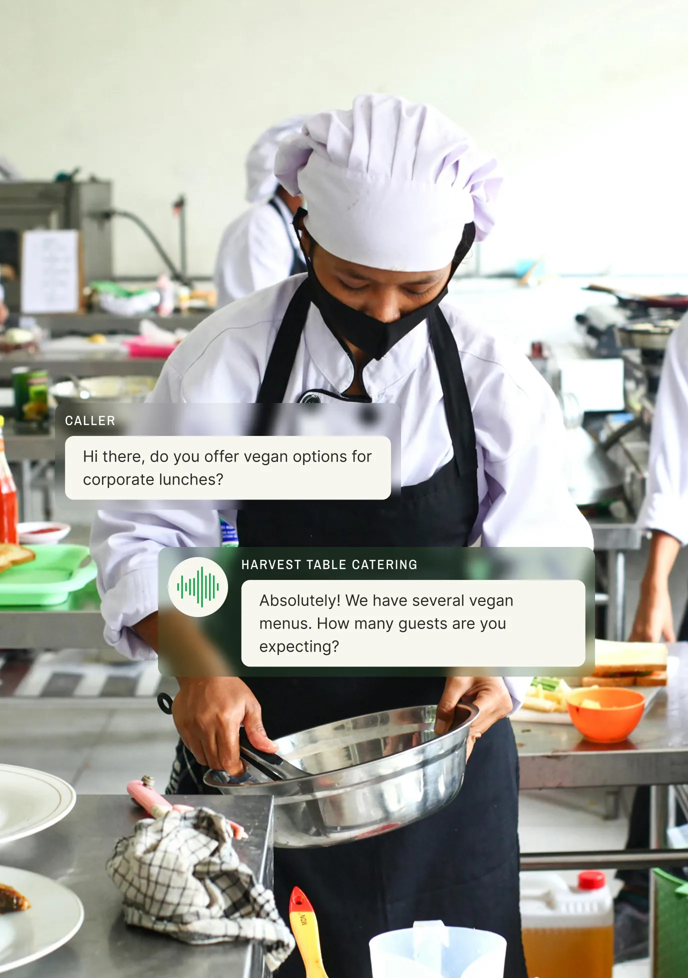 Chef in a busy kitchen reads a text bubble asking about vegan corporate lunches while an answering service for catering companies responds with menu options.